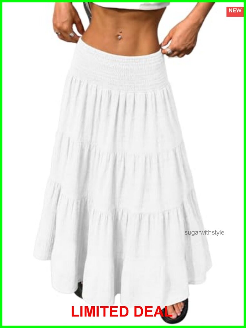 Boho Tiered Maxi Skirt Smocked Elastic Waist Lightweight A-Line
